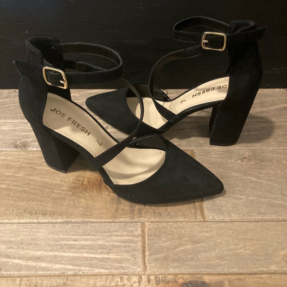 Joe Fresh Black Suede Crisscross Ankle-Strap Block Heels